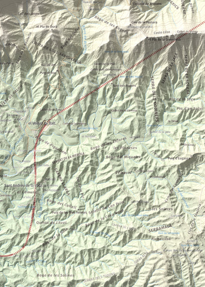 Mapa de relieve de Puig de les Àligues, 1344 m, Osona, lámina 100 Cims de Trobart. Detalle de la zona inferior derecha. 50 × 70 cm.