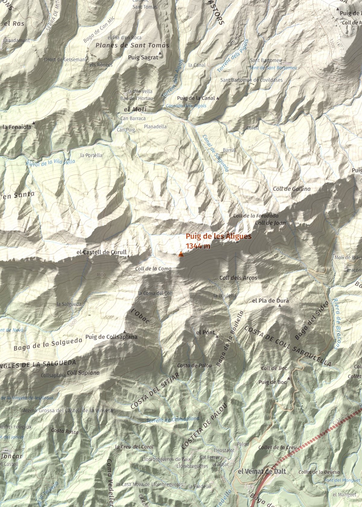 Mapa de relieve de Puig de les Àligues, 1344 m, Osona, lámina 100 Cims de Trobart. Detalle de la zona central. 50 × 70 cm.