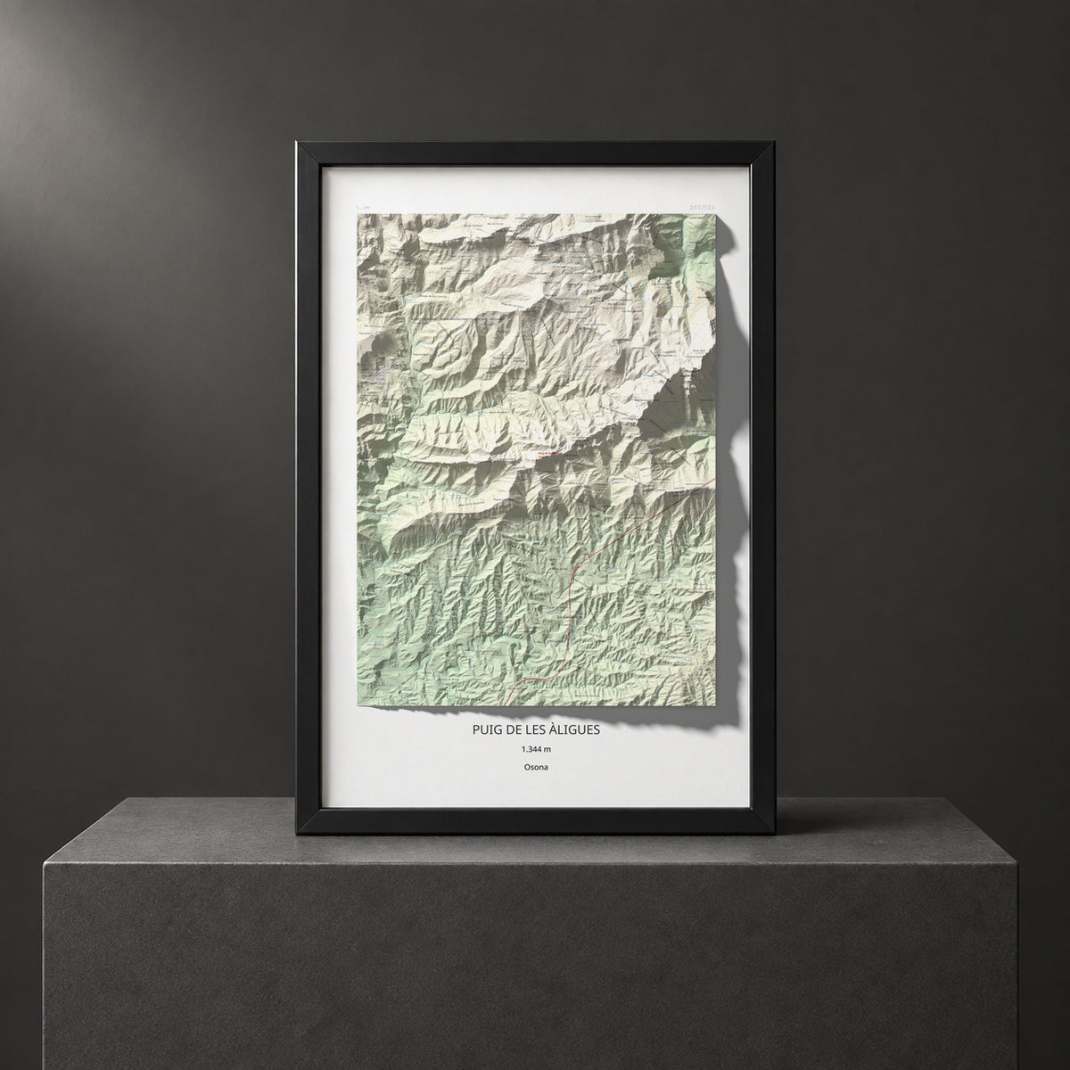 Mapa de relieve de Puig de les Àligues, 1344 m, Osona, lámina 100 Cims de Trobart. Presentación enmarcada. 61 × 91 cm.