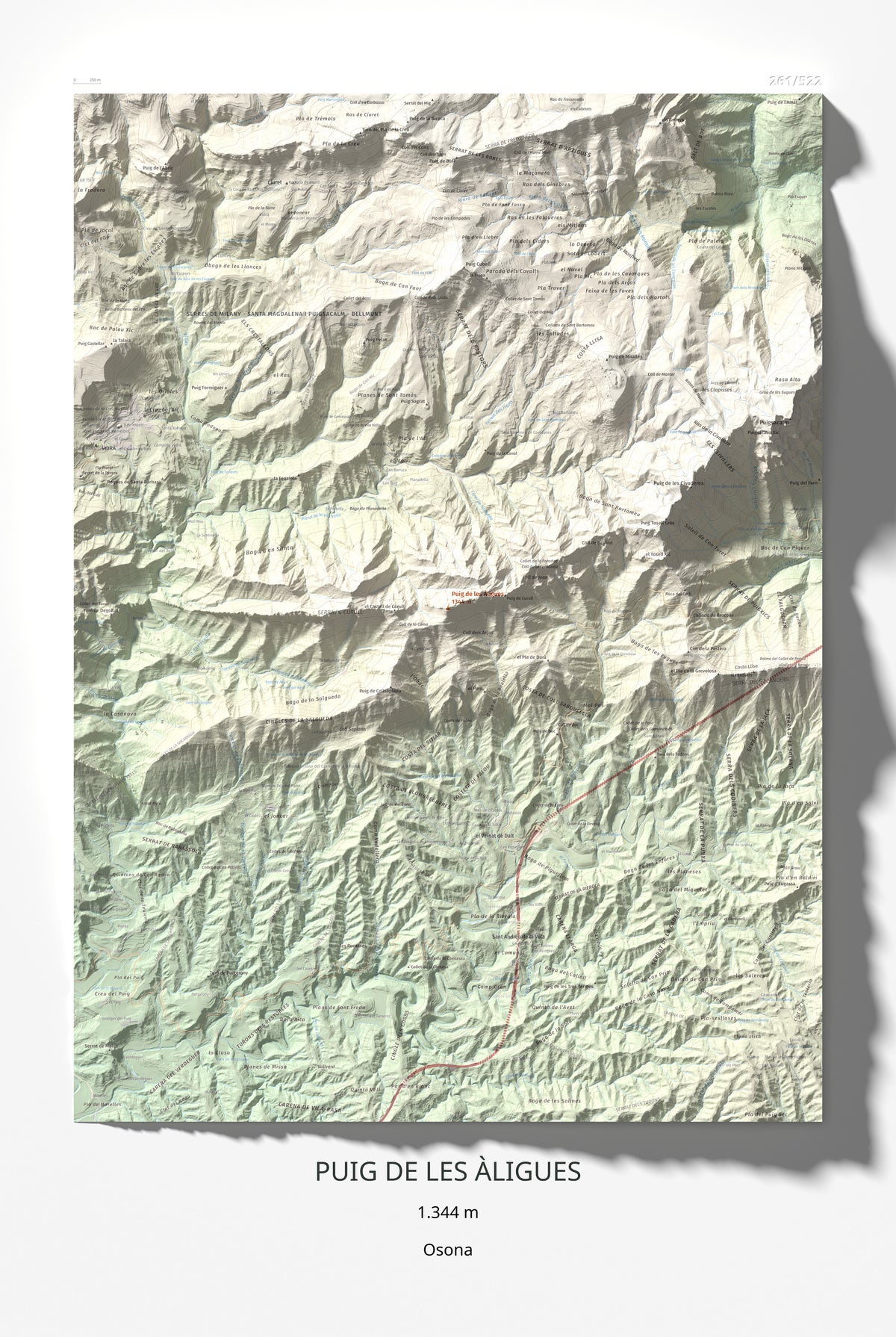 Mapa de relieve de Puig de les Àligues, 1344 m, Osona, lámina 100 Cims de Trobart 61 × 91 cm.