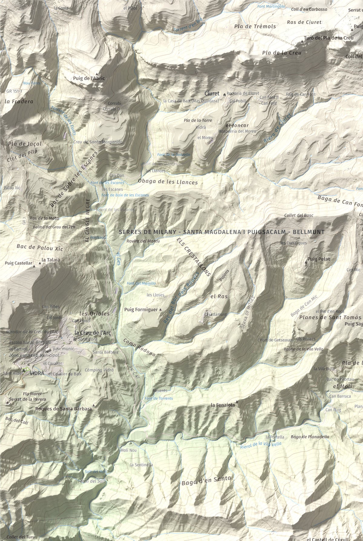 Mapa de relieve de Puig de les Àligues, 1344 m, Osona, lámina 100 Cims de Trobart. Detalle de la zona superior izquierda. 61 × 91 cm.