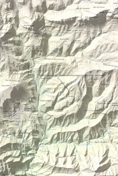 Mapa de relieve de Puig de les Àligues, 1344 m, Osona, lámina 100 Cims de Trobart. Detalle de la zona superior izquierda. 61 × 91 cm.