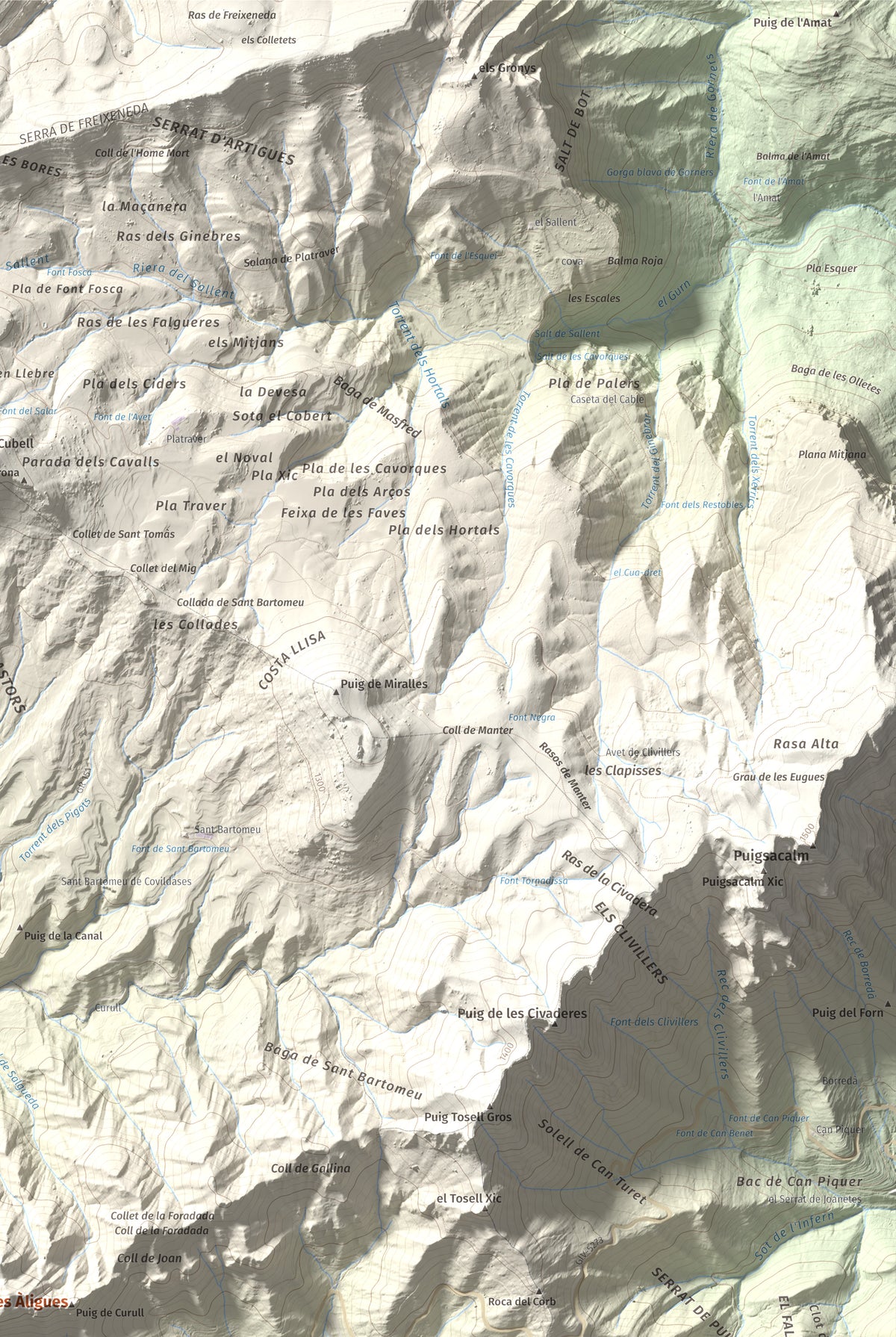 Mapa de relieve de Puig de les Àligues, 1344 m, Osona, lámina 100 Cims de Trobart. Detalle de la zona superior derecha. 61 × 91 cm.