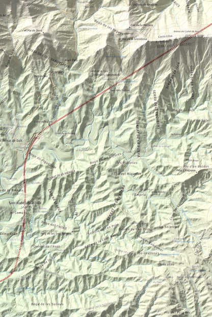 Mapa de relieve de Puig de les Àligues, 1344 m, Osona, lámina 100 Cims de Trobart. Detalle de la zona inferior derecha. 61 × 91 cm.
