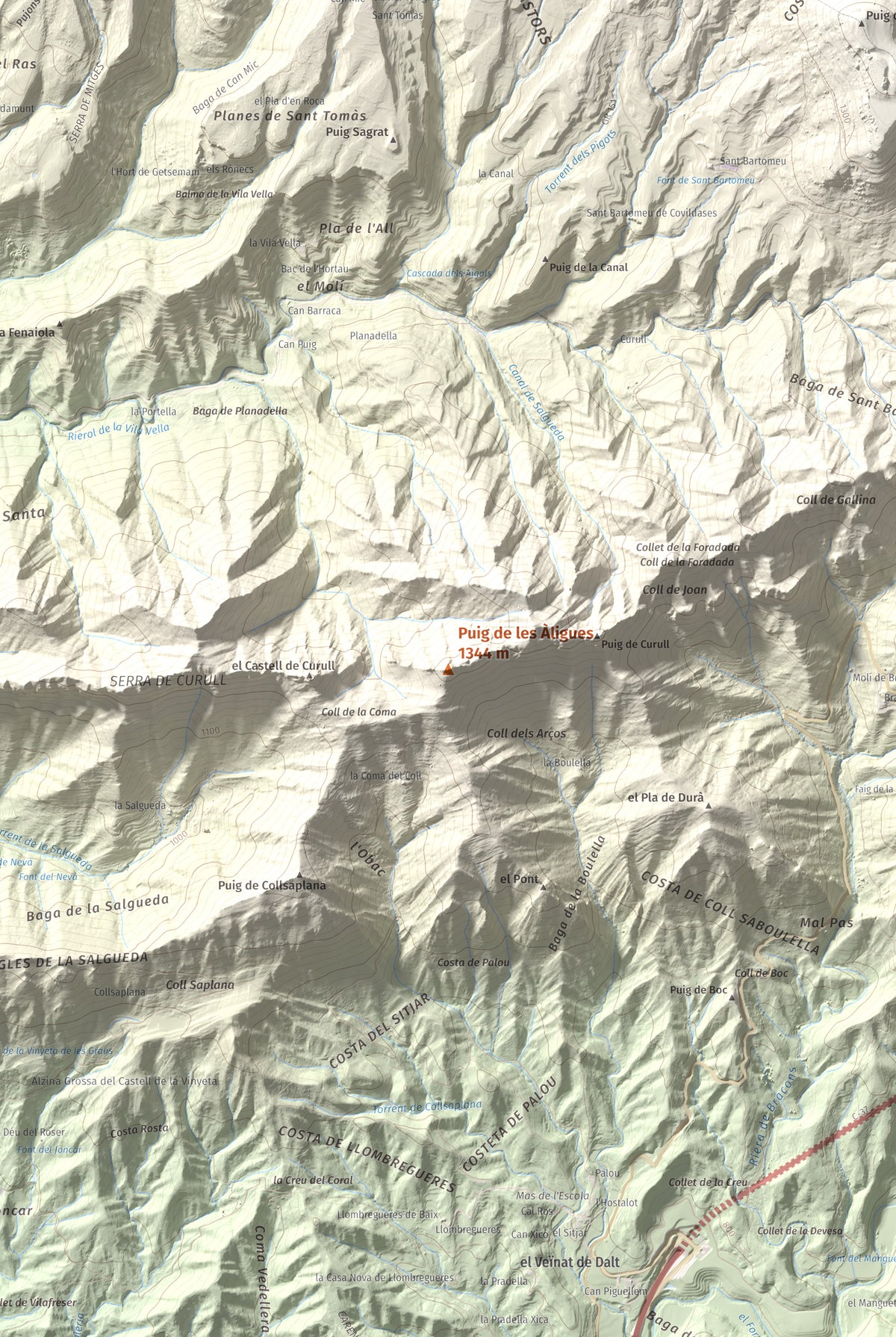 Mapa de relieve de Puig de les Àligues, 1344 m, Osona, lámina 100 Cims de Trobart. Detalle de la zona central. 61 × 91 cm.