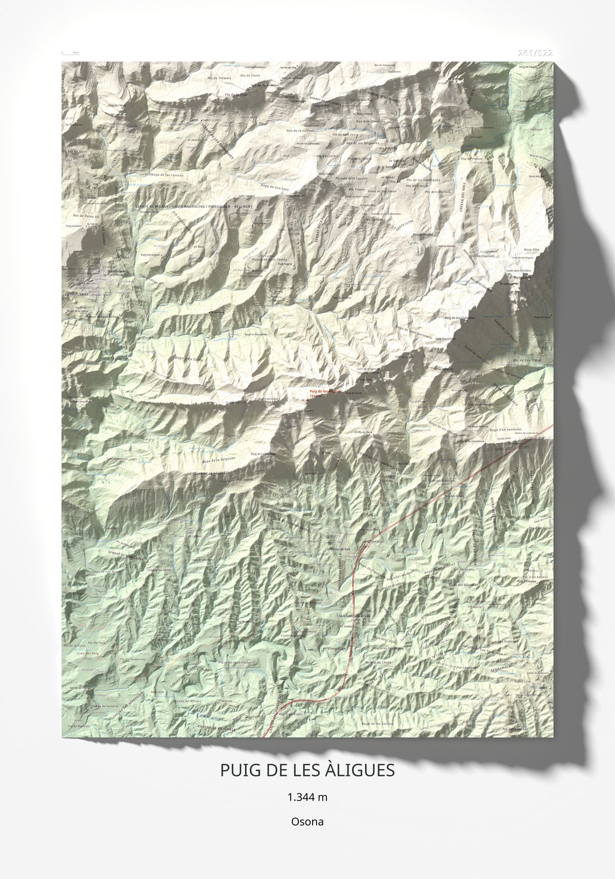 Mapa de relieve de Puig de les Àligues, 1344 m, Osona, lámina 100 Cims de Trobart 70 × 100 cm.