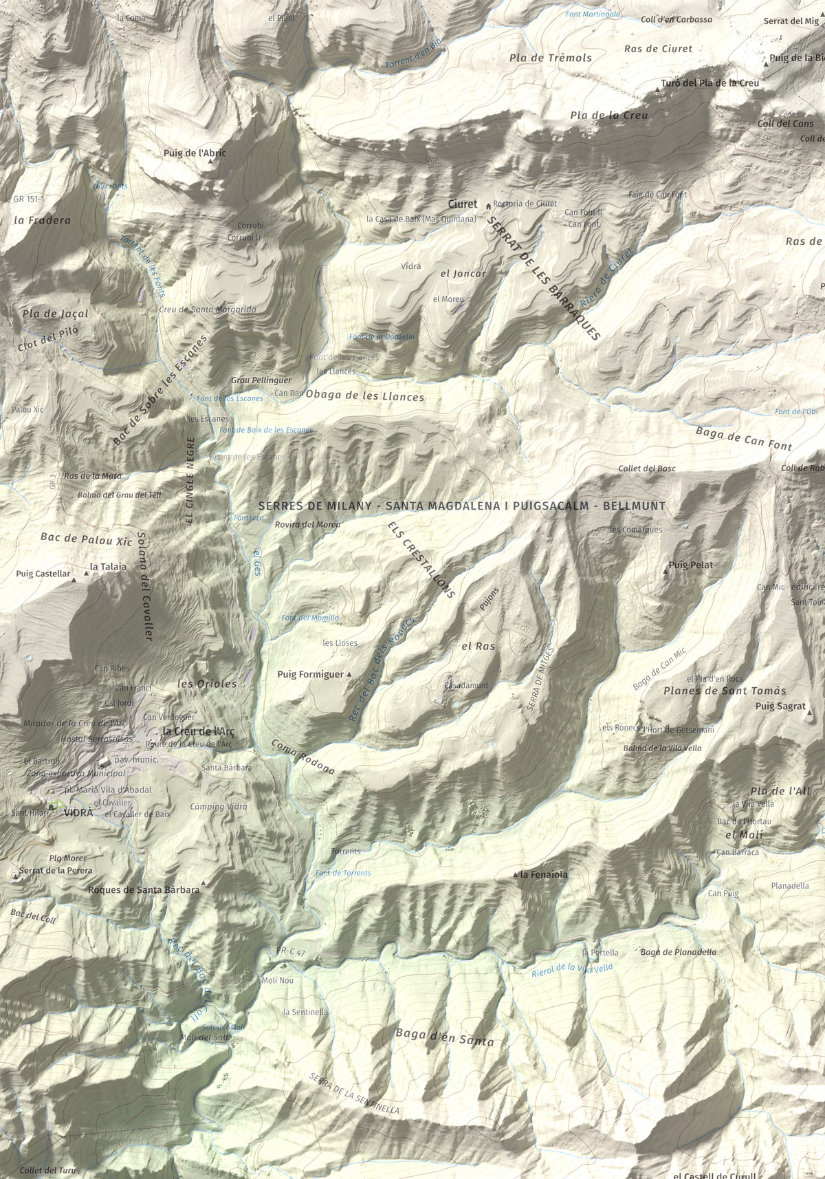 Mapa de relieve de Puig de les Àligues, 1344 m, Osona, lámina 100 Cims de Trobart. Detalle de la zona superior izquierda. 70 × 100 cm.