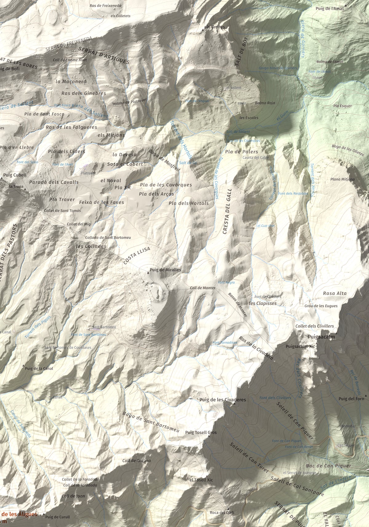 Mapa de relieve de Puig de les Àligues, 1344 m, Osona, lámina 100 Cims de Trobart. Detalle de la zona superior derecha. 70 × 100 cm.