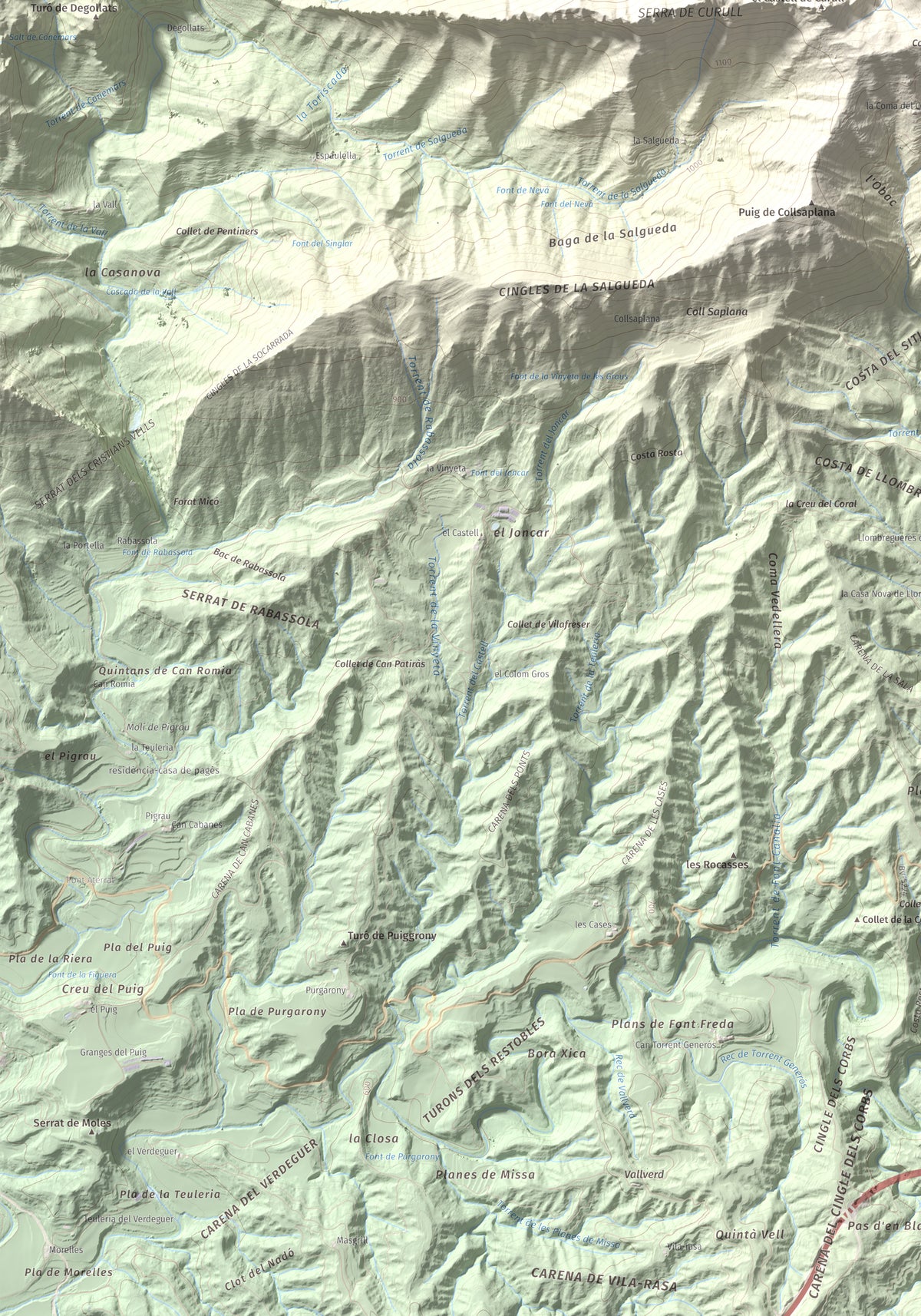 Mapa de relieve de Puig de les Àligues, 1344 m, Osona, lámina 100 Cims de Trobart. Detalle de la zona inferior izquierda. 70 × 100 cm.
