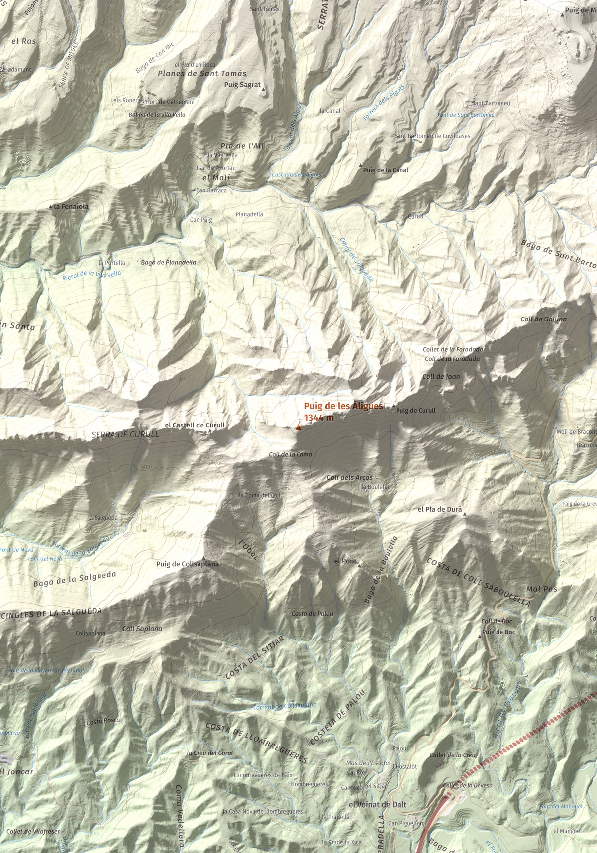 Mapa de relieve de Puig de les Àligues, 1344 m, Osona, lámina 100 Cims de Trobart. Detalle de la zona central. 70 × 100 cm.