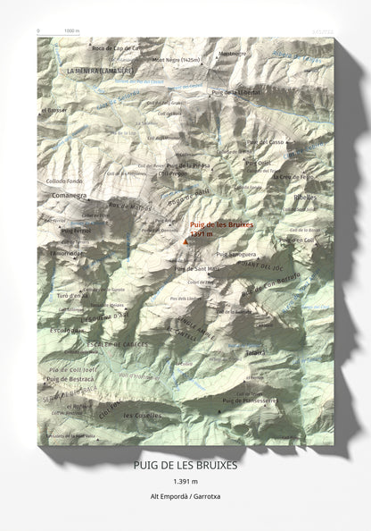 Mapa de relieve de Puig de les Bruixes, 1391 m, Alt Empordà · Garrotxa, lámina 100 Cims de Trobart 21 × 30 cm.