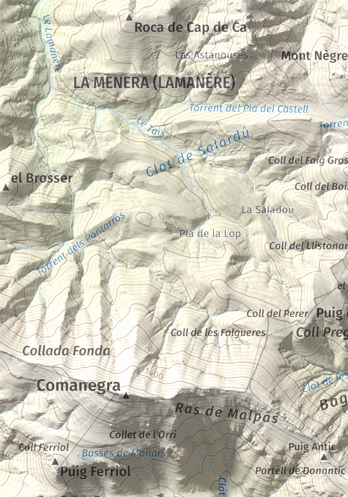 Mapa de relieve de Puig de les Bruixes, 1391 m, Alt Empordà · Garrotxa, lámina 100 Cims de Trobart. Detalle de la zona superior izquierda. 21 × 30 cm.
