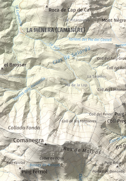 Mapa de relieve de Puig de les Bruixes, 1391 m, Alt Empordà · Garrotxa, lámina 100 Cims de Trobart. Detalle de la zona superior izquierda. 21 × 30 cm.