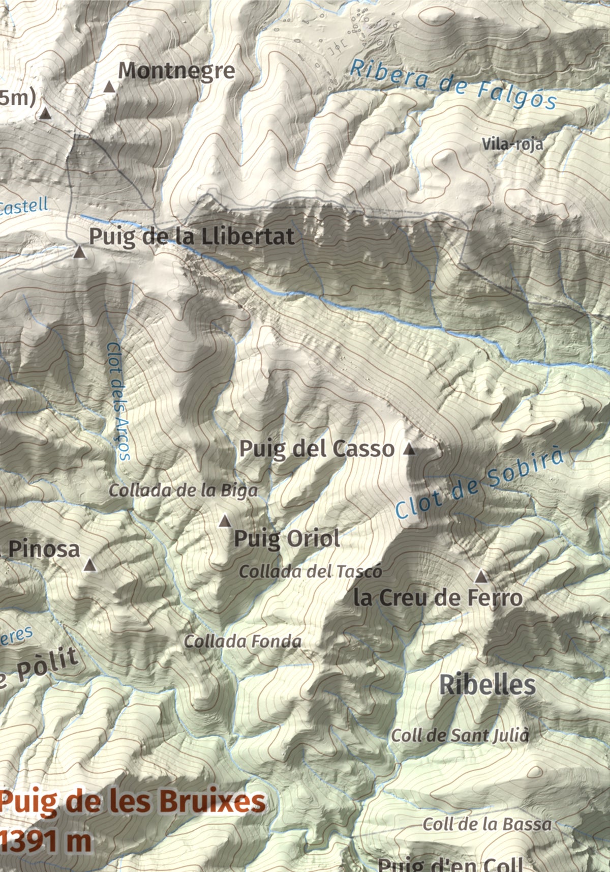 Mapa de relieve de Puig de les Bruixes, 1391 m, Alt Empordà · Garrotxa, lámina 100 Cims de Trobart. Detalle de la zona superior derecha. 21 × 30 cm.