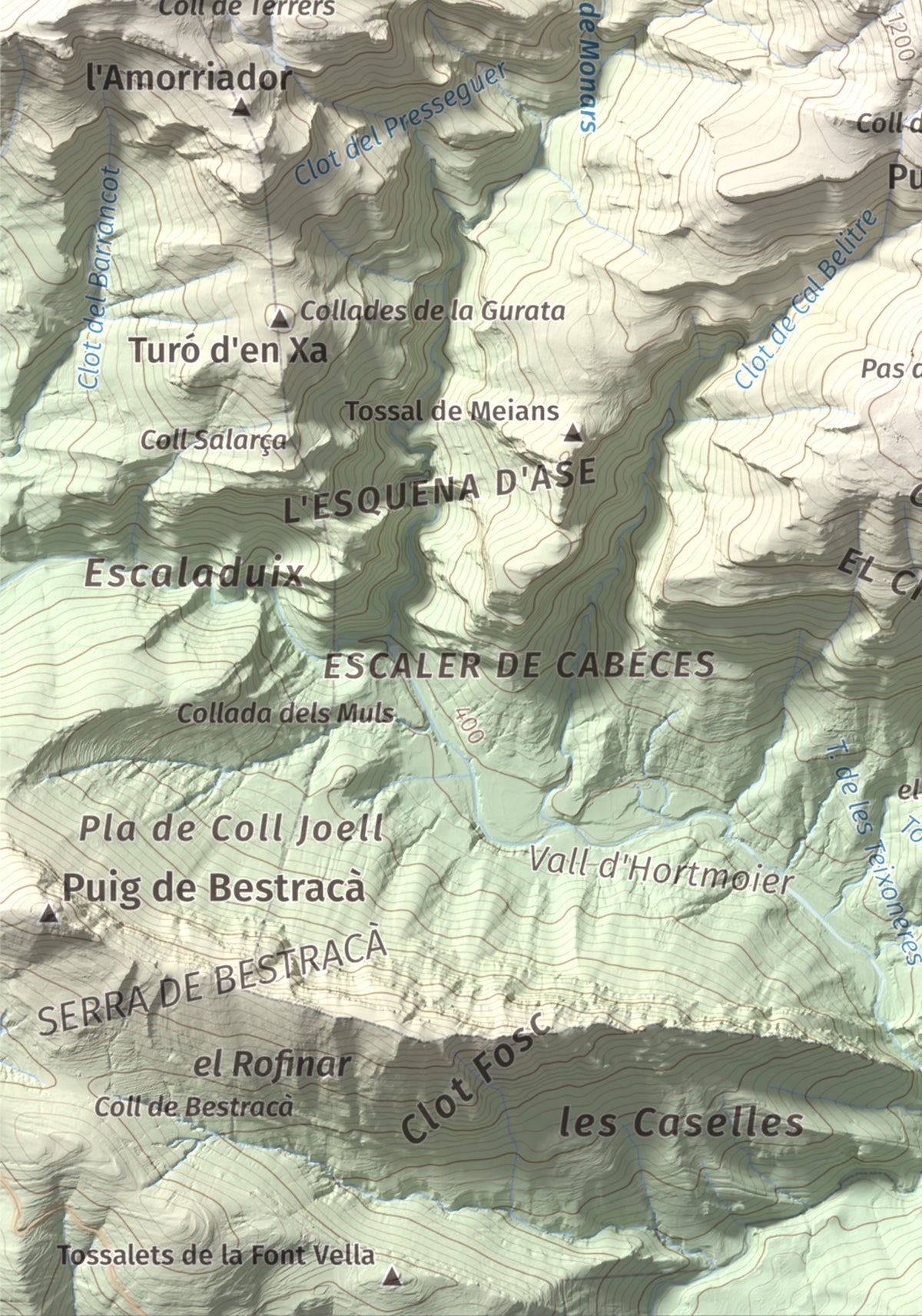 Mapa de relieve de Puig de les Bruixes, 1391 m, Alt Empordà · Garrotxa, lámina 100 Cims de Trobart. Detalle de la zona inferior izquierda. 21 × 30 cm.