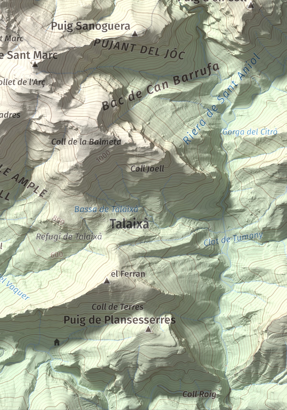 Mapa de relieve de Puig de les Bruixes, 1391 m, Alt Empordà · Garrotxa, lámina 100 Cims de Trobart. Detalle de la zona inferior derecha. 21 × 30 cm.