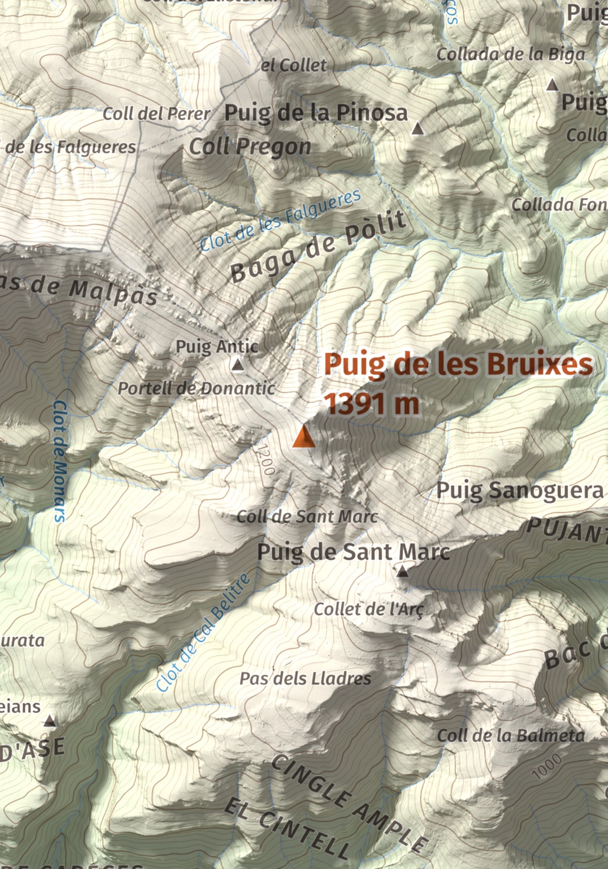 Mapa de relieve de Puig de les Bruixes, 1391 m, Alt Empordà · Garrotxa, lámina 100 Cims de Trobart. Detalle de la zona central. 21 × 30 cm.