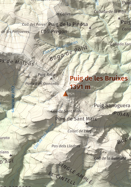 Mapa de relieve de Puig de les Bruixes, 1391 m, Alt Empordà · Garrotxa, lámina 100 Cims de Trobart. Detalle de la zona central. 21 × 30 cm.