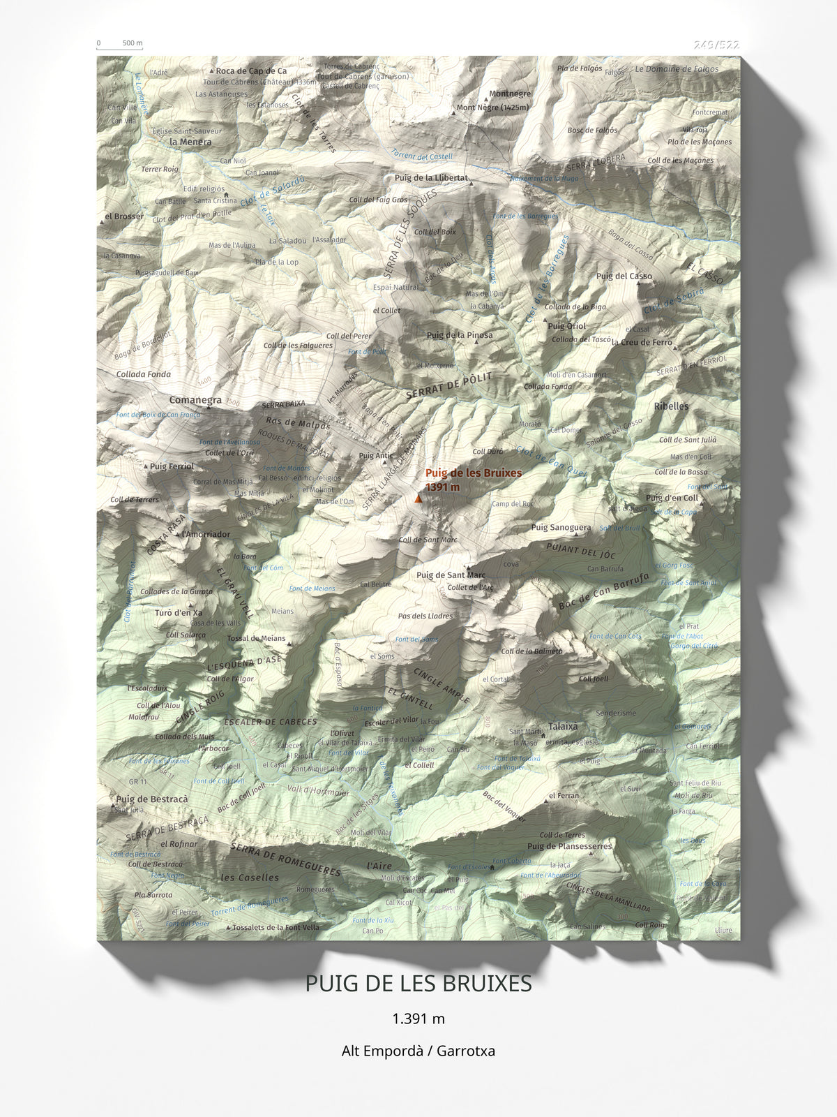 Mapa de relieve de Puig de les Bruixes, 1391 m, Alt Empordà · Garrotxa, lámina 100 Cims de Trobart 30 × 40 cm.