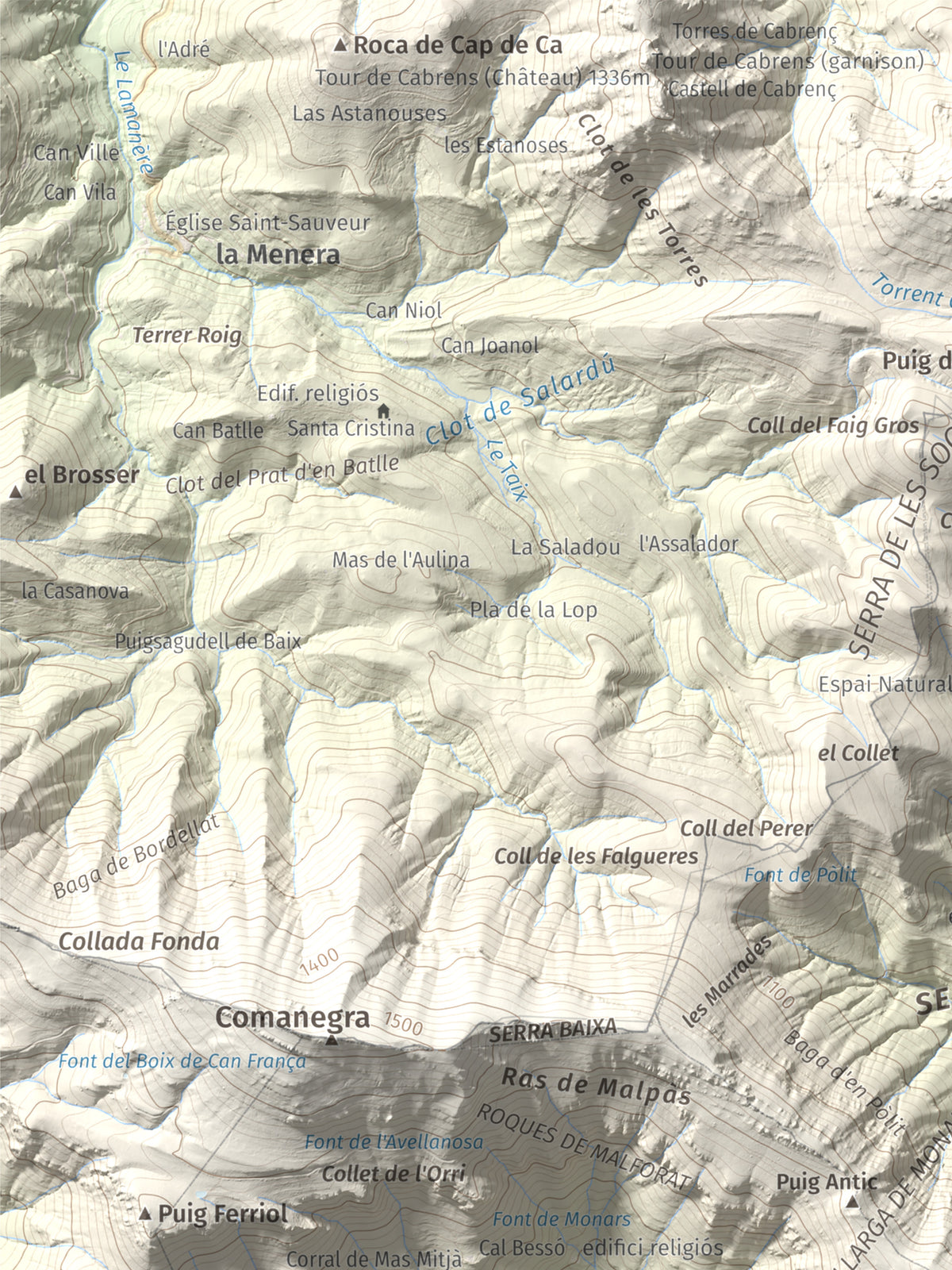 Mapa de relieve de Puig de les Bruixes, 1391 m, Alt Empordà · Garrotxa, lámina 100 Cims de Trobart. Detalle de la zona superior izquierda. 30 × 40 cm.