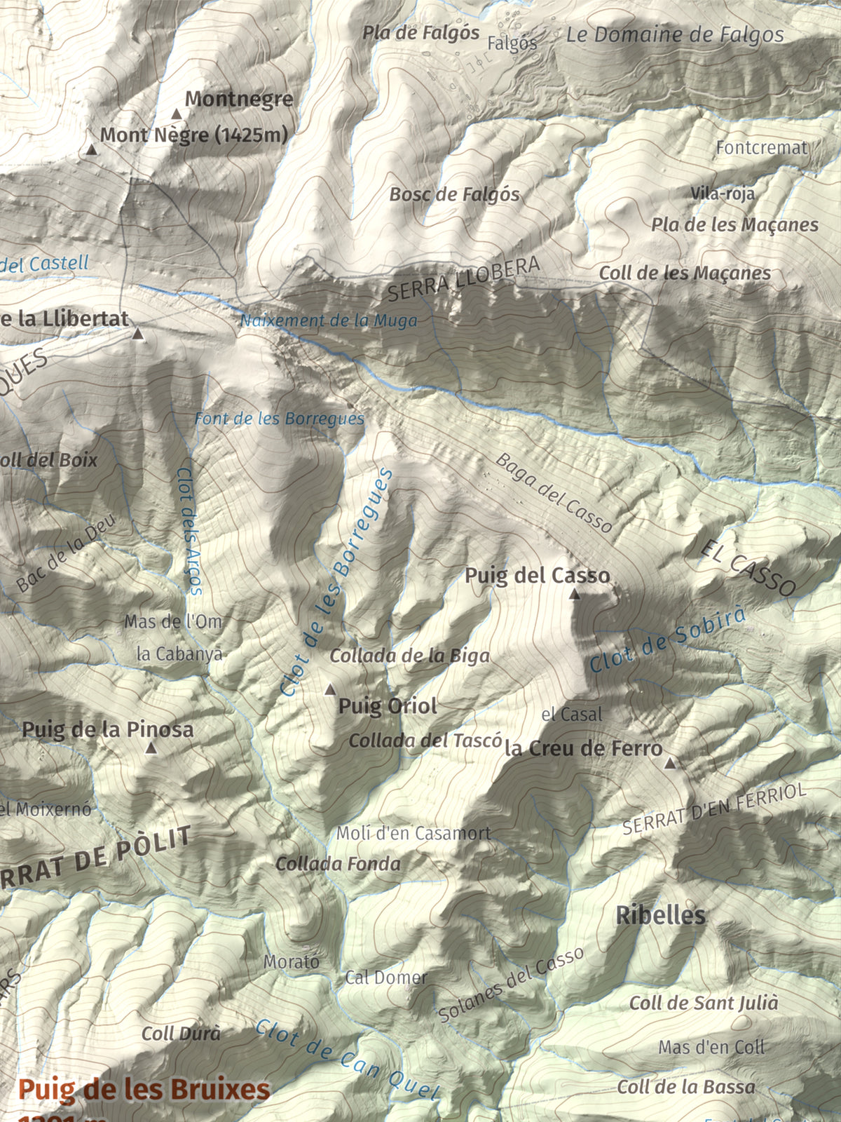 Mapa de relieve de Puig de les Bruixes, 1391 m, Alt Empordà · Garrotxa, lámina 100 Cims de Trobart. Detalle de la zona superior derecha. 30 × 40 cm.