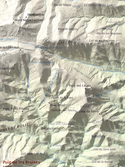 Mapa de relieve de Puig de les Bruixes, 1391 m, Alt Empordà · Garrotxa, lámina 100 Cims de Trobart. Detalle de la zona superior derecha. 30 × 40 cm.
