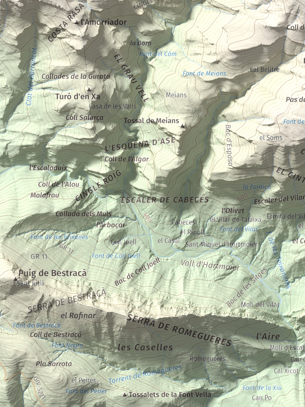 Mapa de relieve de Puig de les Bruixes, 1391 m, Alt Empordà · Garrotxa, lámina 100 Cims de Trobart. Detalle de la zona inferior izquierda. 30 × 40 cm.