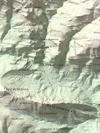 Mapa de relieve de Puig de les Bruixes, 1391 m, Alt Empordà · Garrotxa, lámina 100 Cims de Trobart. Detalle de la zona inferior izquierda. 30 × 40 cm.