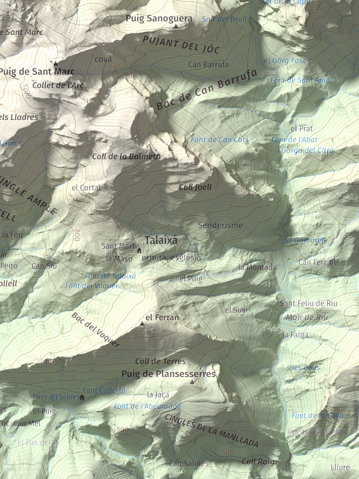 Mapa de relieve de Puig de les Bruixes, 1391 m, Alt Empordà · Garrotxa, lámina 100 Cims de Trobart. Detalle de la zona inferior derecha. 30 × 40 cm.