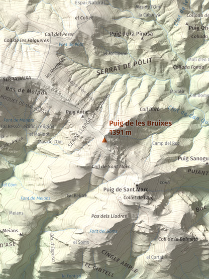 Mapa de relieve de Puig de les Bruixes, 1391 m, Alt Empordà · Garrotxa, lámina 100 Cims de Trobart. Detalle de la zona central. 30 × 40 cm.