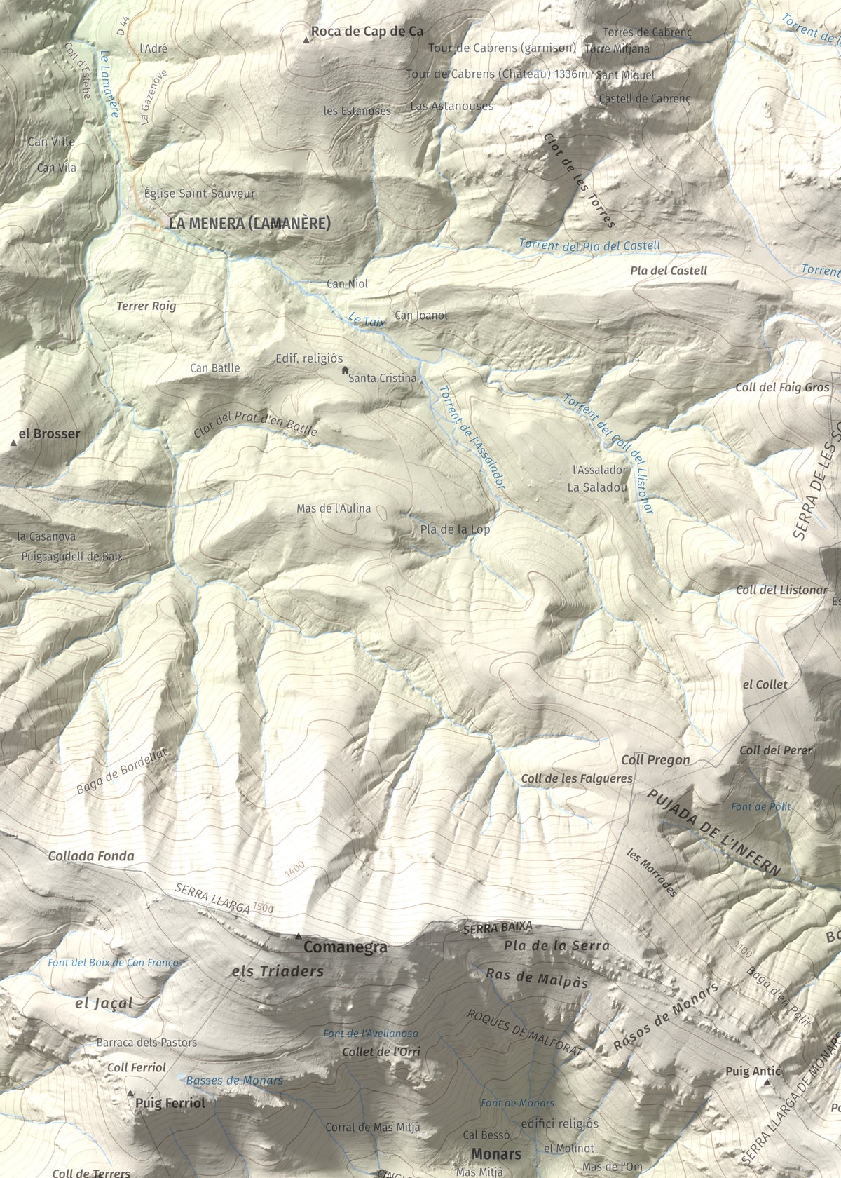 Mapa de relieve de Puig de les Bruixes, 1391 m, Alt Empordà · Garrotxa, lámina 100 Cims de Trobart. Detalle de la zona superior izquierda. 50 × 70 cm.