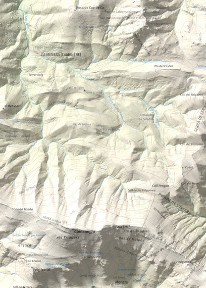 Mapa de relieve de Puig de les Bruixes, 1391 m, Alt Empordà · Garrotxa, lámina 100 Cims de Trobart. Detalle de la zona superior izquierda. 50 × 70 cm.