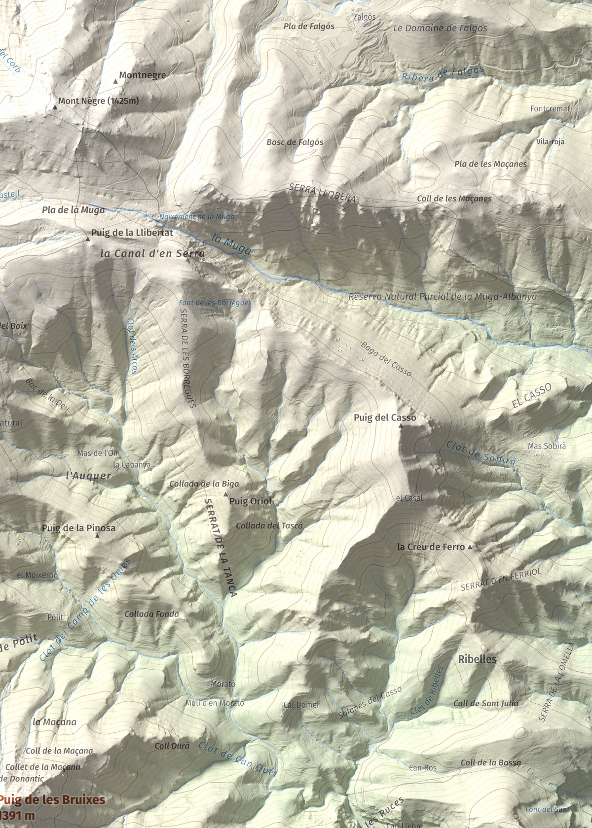 Mapa de relieve de Puig de les Bruixes, 1391 m, Alt Empordà · Garrotxa, lámina 100 Cims de Trobart. Detalle de la zona superior derecha. 50 × 70 cm.