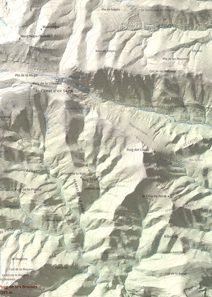 Mapa de relieve de Puig de les Bruixes, 1391 m, Alt Empordà · Garrotxa, lámina 100 Cims de Trobart. Detalle de la zona superior derecha. 50 × 70 cm.