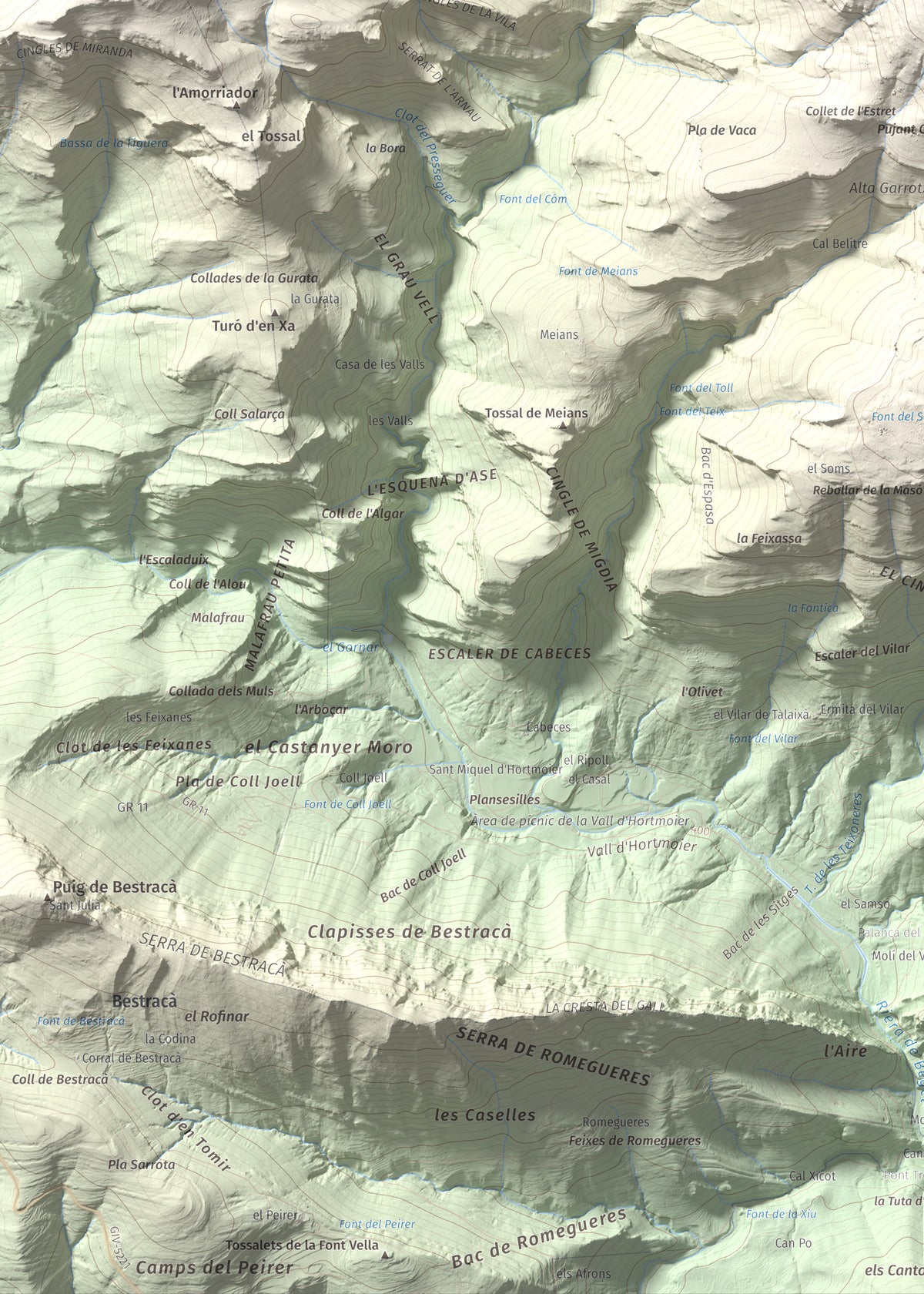 Mapa de relieve de Puig de les Bruixes, 1391 m, Alt Empordà · Garrotxa, lámina 100 Cims de Trobart. Detalle de la zona inferior izquierda. 50 × 70 cm.