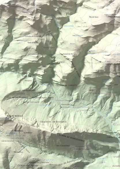 Mapa de relieve de Puig de les Bruixes, 1391 m, Alt Empordà · Garrotxa, lámina 100 Cims de Trobart. Detalle de la zona inferior izquierda. 50 × 70 cm.
