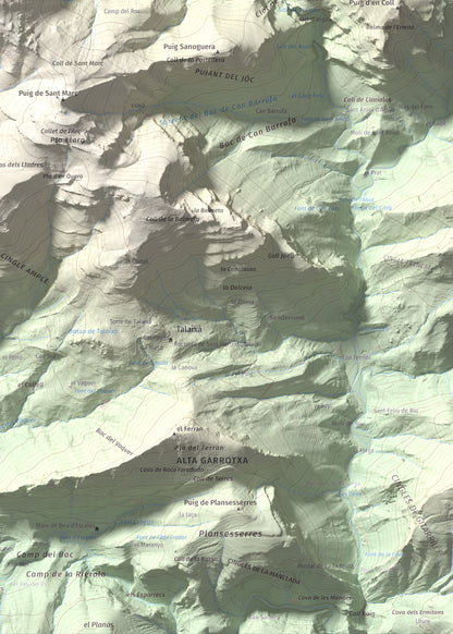 Mapa de relieve de Puig de les Bruixes, 1391 m, Alt Empordà · Garrotxa, lámina 100 Cims de Trobart. Detalle de la zona inferior derecha. 50 × 70 cm.