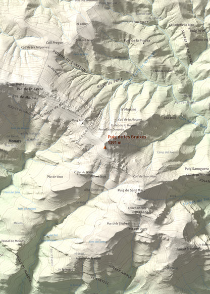 Mapa de relieve de Puig de les Bruixes, 1391 m, Alt Empordà · Garrotxa, lámina 100 Cims de Trobart. Detalle de la zona central. 50 × 70 cm.