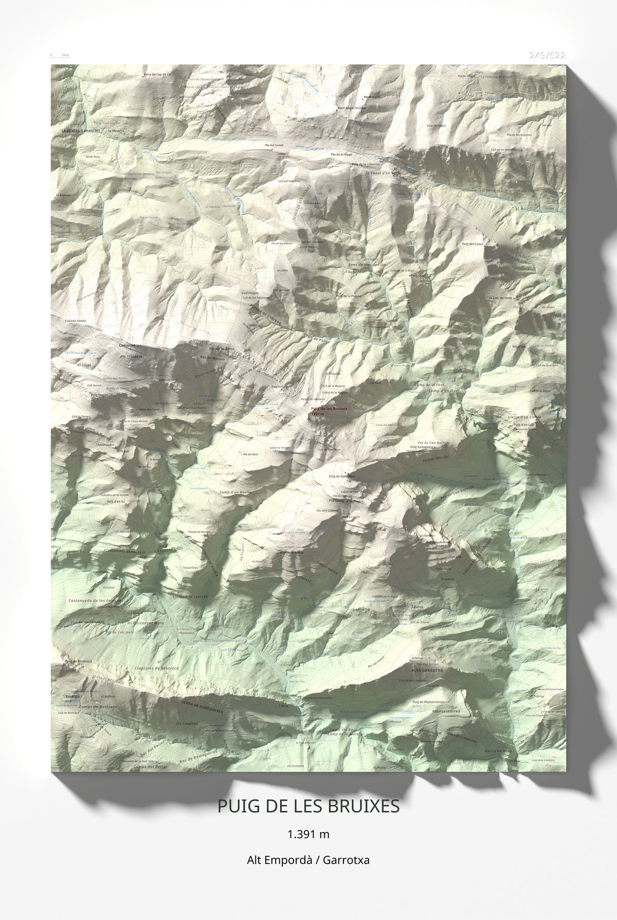 Mapa de relieve de Puig de les Bruixes, 1391 m, Alt Empordà · Garrotxa, lámina 100 Cims de Trobart 61 × 91 cm.