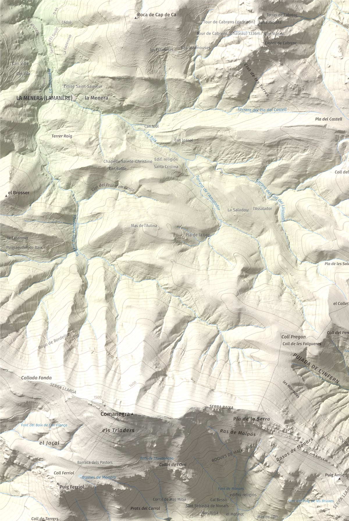 Mapa de relieve de Puig de les Bruixes, 1391 m, Alt Empordà · Garrotxa, lámina 100 Cims de Trobart. Detalle de la zona superior izquierda. 61 × 91 cm.