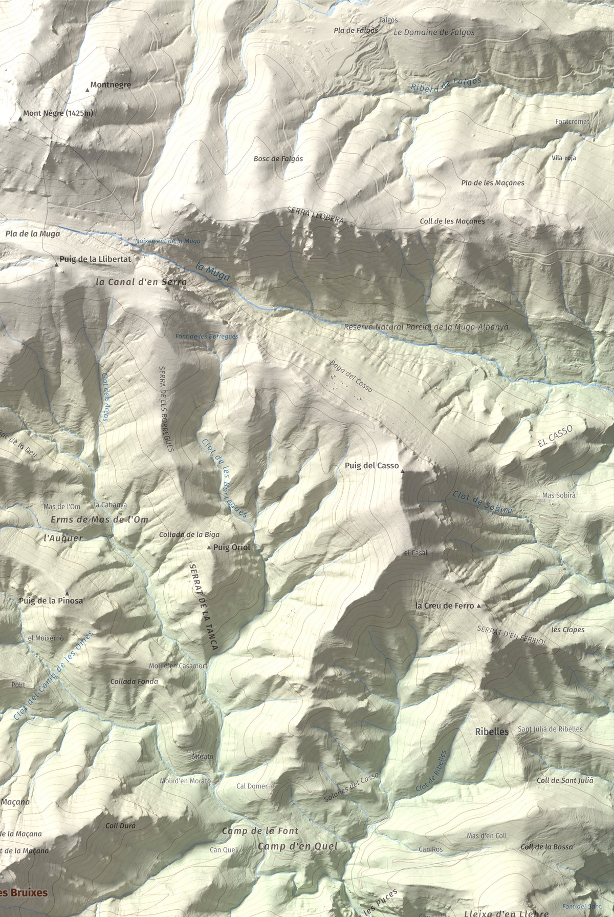 Mapa de relieve de Puig de les Bruixes, 1391 m, Alt Empordà · Garrotxa, lámina 100 Cims de Trobart. Detalle de la zona superior derecha. 61 × 91 cm.