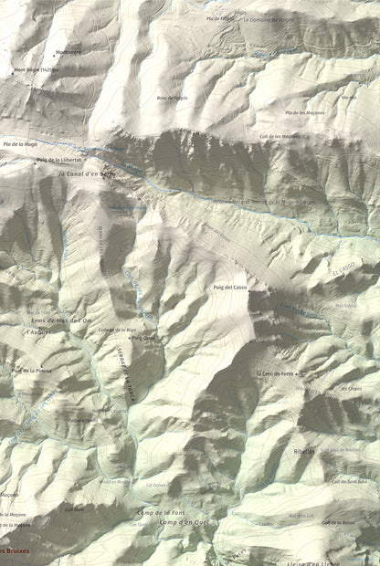 Mapa de relieve de Puig de les Bruixes, 1391 m, Alt Empordà · Garrotxa, lámina 100 Cims de Trobart. Detalle de la zona superior derecha. 61 × 91 cm.