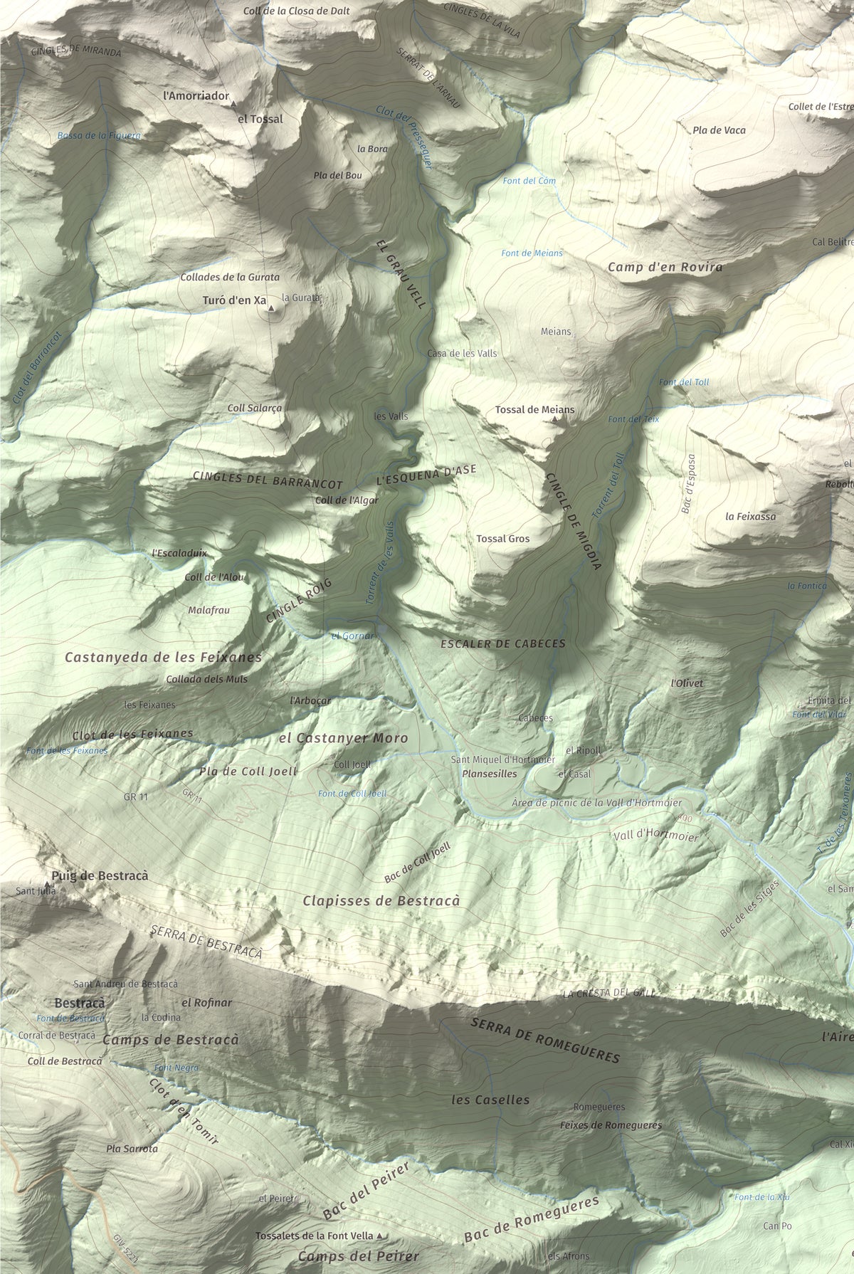 Mapa de relieve de Puig de les Bruixes, 1391 m, Alt Empordà · Garrotxa, lámina 100 Cims de Trobart. Detalle de la zona inferior izquierda. 61 × 91 cm.
