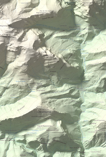 Mapa de relieve de Puig de les Bruixes, 1391 m, Alt Empordà · Garrotxa, lámina 100 Cims de Trobart. Detalle de la zona inferior derecha. 61 × 91 cm.
