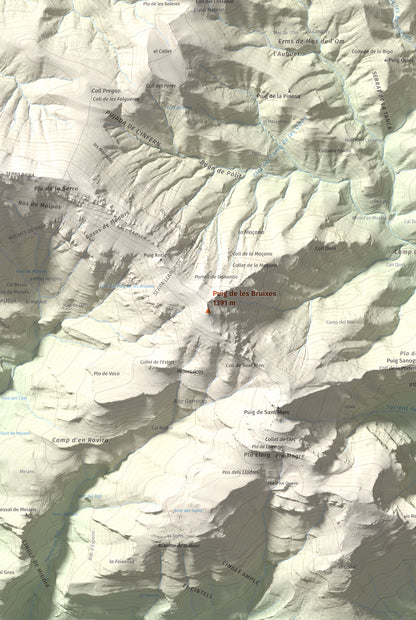 Mapa de relieve de Puig de les Bruixes, 1391 m, Alt Empordà · Garrotxa, lámina 100 Cims de Trobart. Detalle de la zona central. 61 × 91 cm.