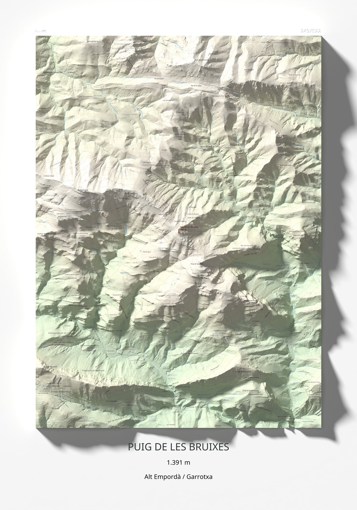 Mapa de relieve de Puig de les Bruixes, 1391 m, Alt Empordà · Garrotxa, lámina 100 Cims de Trobart 70 × 100 cm.