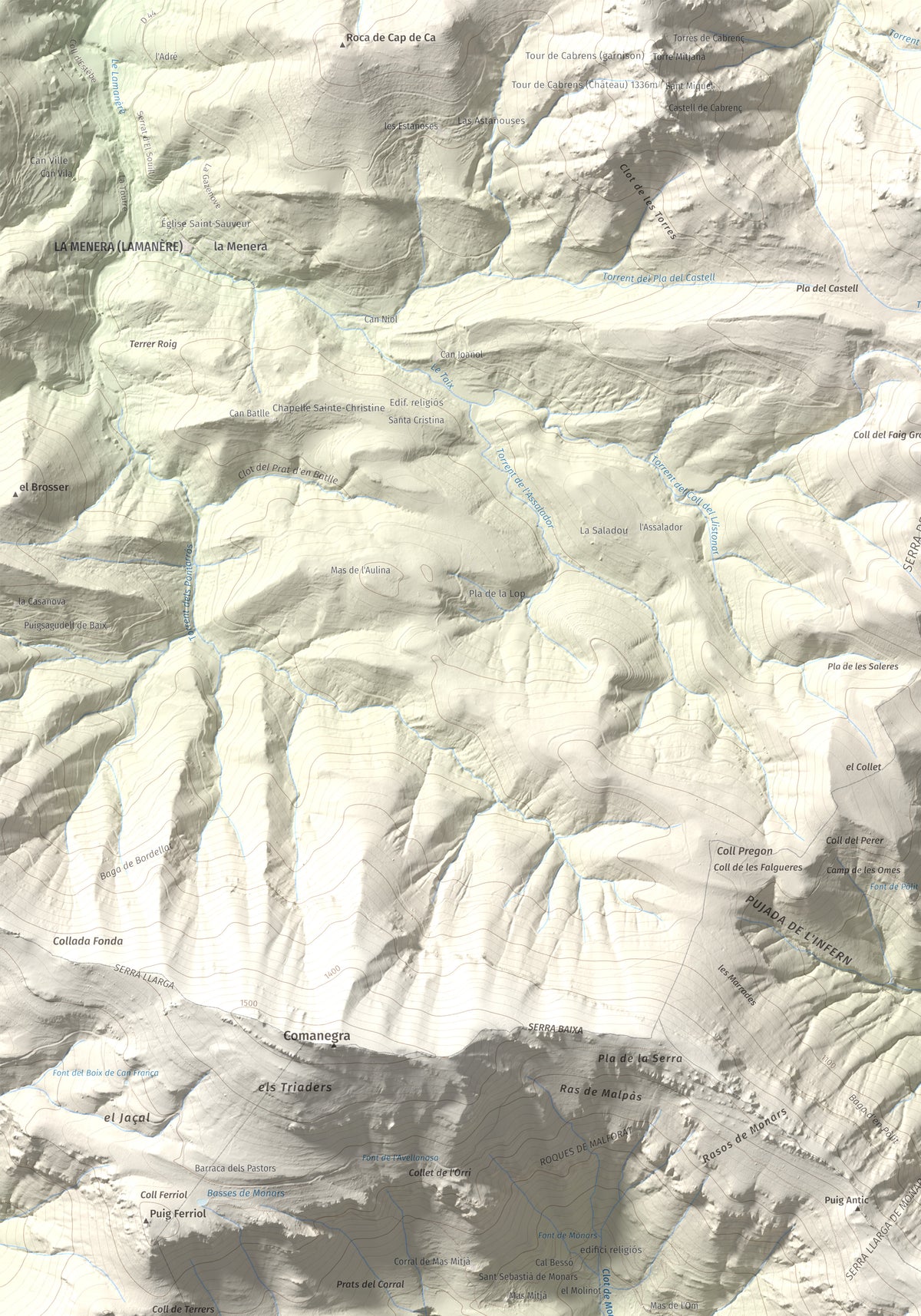 Mapa de relieve de Puig de les Bruixes, 1391 m, Alt Empordà · Garrotxa, lámina 100 Cims de Trobart. Detalle de la zona superior izquierda. 70 × 100 cm.