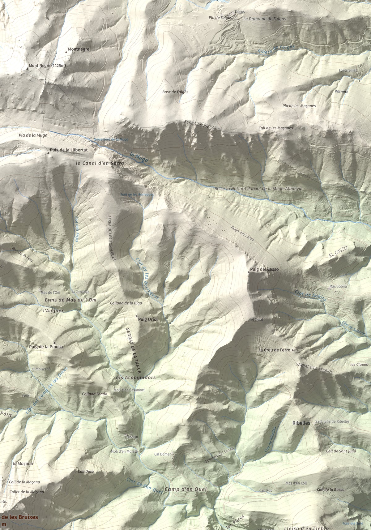 Mapa de relieve de Puig de les Bruixes, 1391 m, Alt Empordà · Garrotxa, lámina 100 Cims de Trobart. Detalle de la zona superior derecha. 70 × 100 cm.