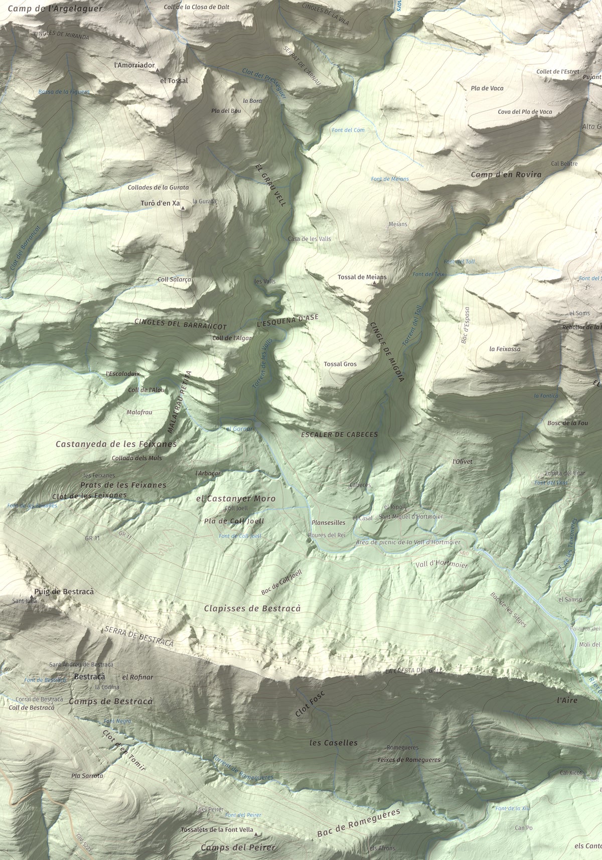 Mapa de relieve de Puig de les Bruixes, 1391 m, Alt Empordà · Garrotxa, lámina 100 Cims de Trobart. Detalle de la zona inferior izquierda. 70 × 100 cm.