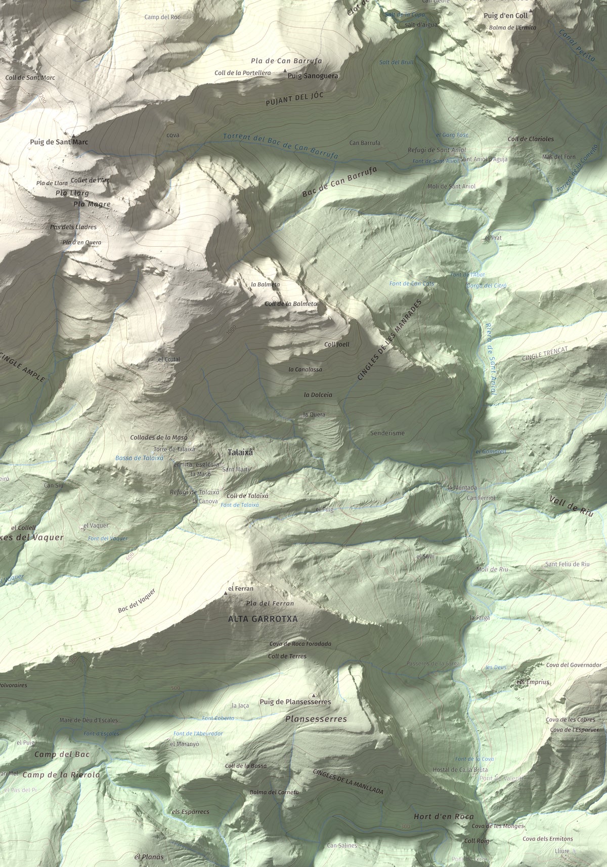 Mapa de relieve de Puig de les Bruixes, 1391 m, Alt Empordà · Garrotxa, lámina 100 Cims de Trobart. Detalle de la zona inferior derecha. 70 × 100 cm.